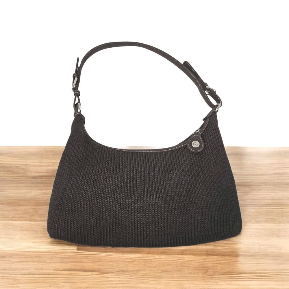 Vtg Y2K The SAK Chocolate Indio Crochet Shoulder Bag Faux Leather Trim Boho Chic